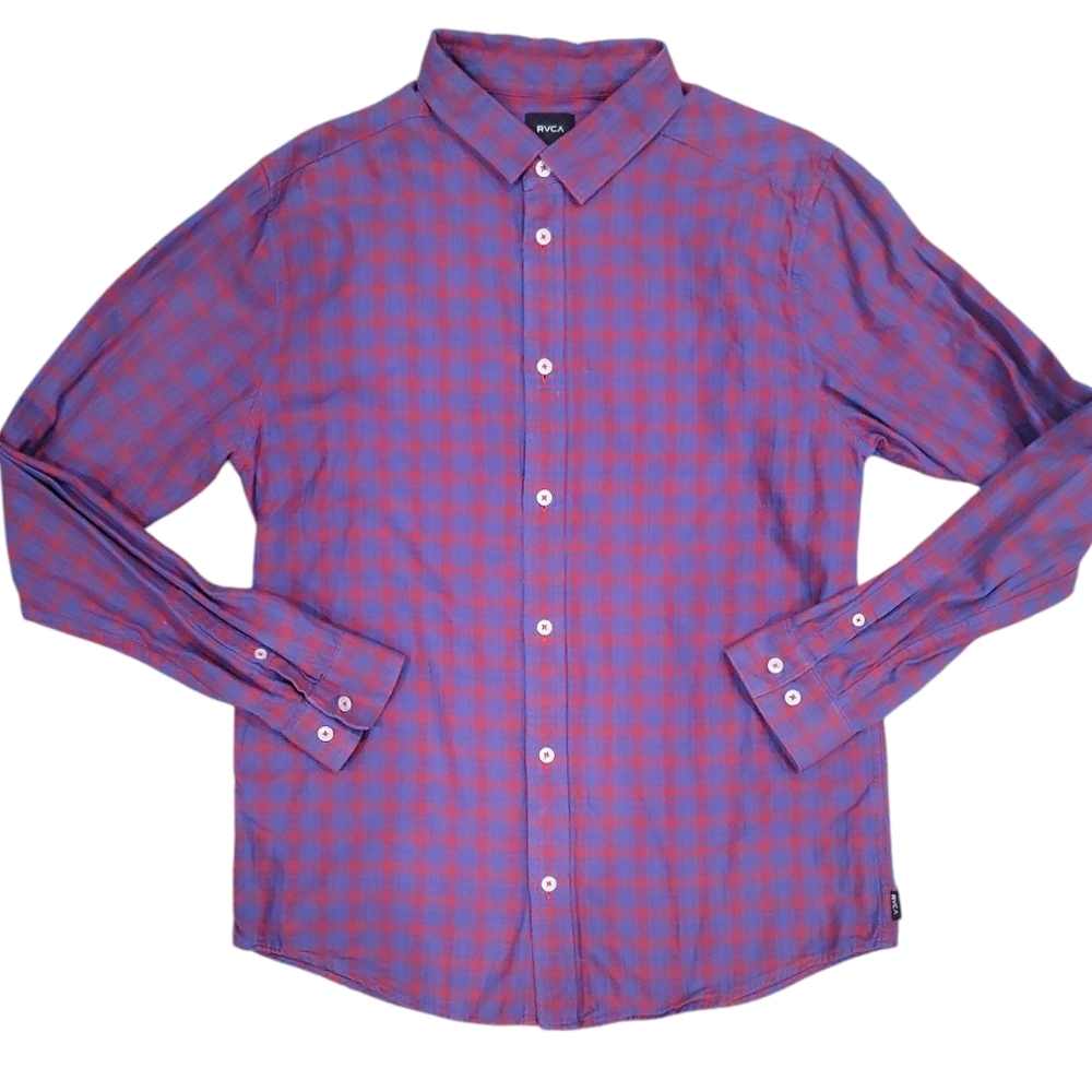 RVCA Mens Blue & Red Flannel Button Down Shirt Size Medium Slim Fit